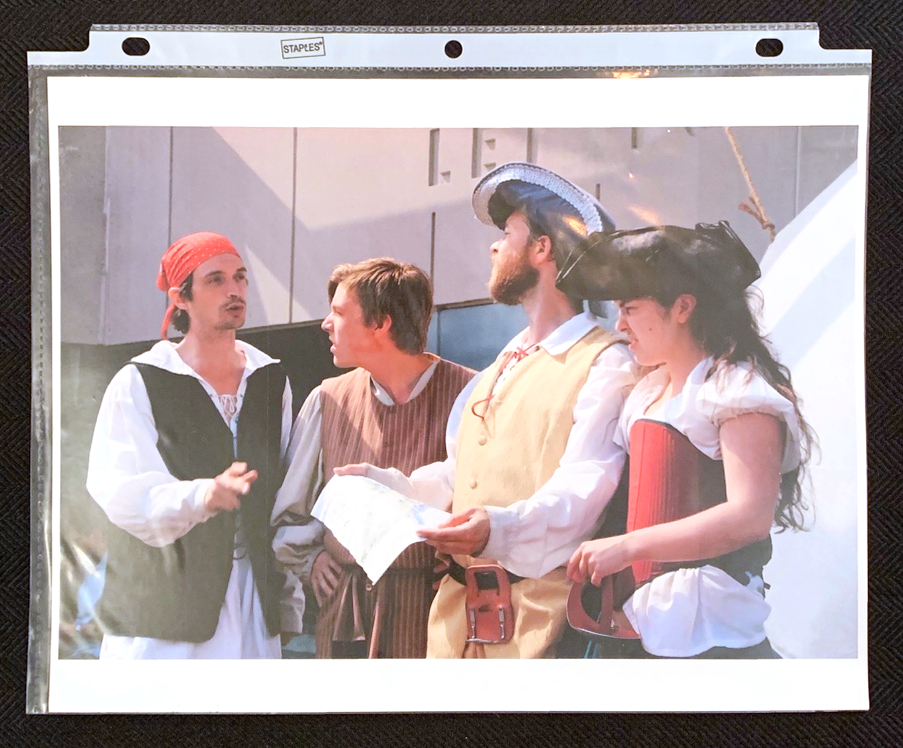 The first time DaPoPo did the Pirate Show at Alderney Landing. Left to Right: Eric Benson (Scully), Nick Bottomley (Barnaby the Boatswain), GaRRy Williams (Captain Flint), Keelin Jack (Deirdre).