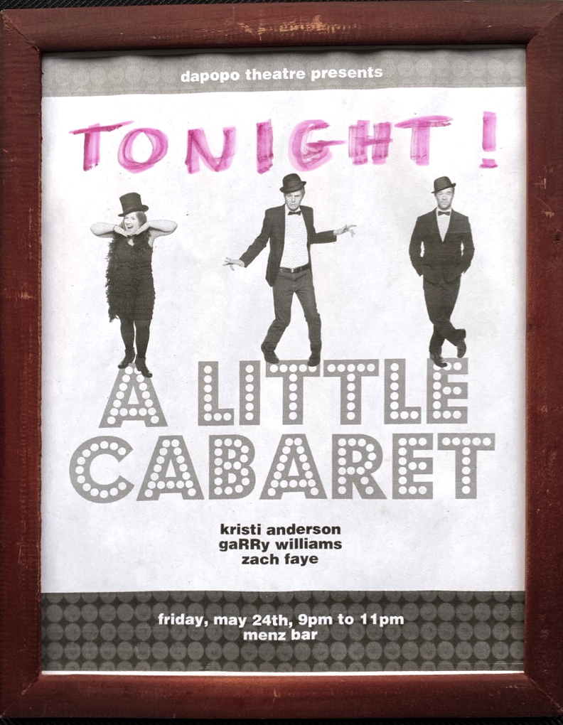 Show poster for A Little Cabaret, (xxxx), featuring photography by Timothy Richard. Left to right: Kristi Anderson, Zach Faye, GaRRy Williams