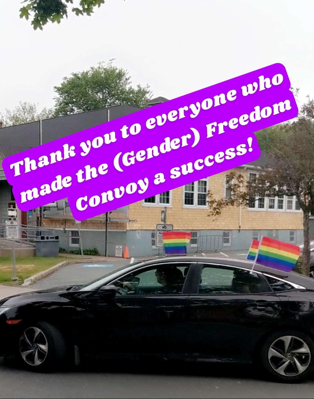 black car with rainbow flags and caption "Thank you to everyone who made the (Gender) Freedom Convoy a success!