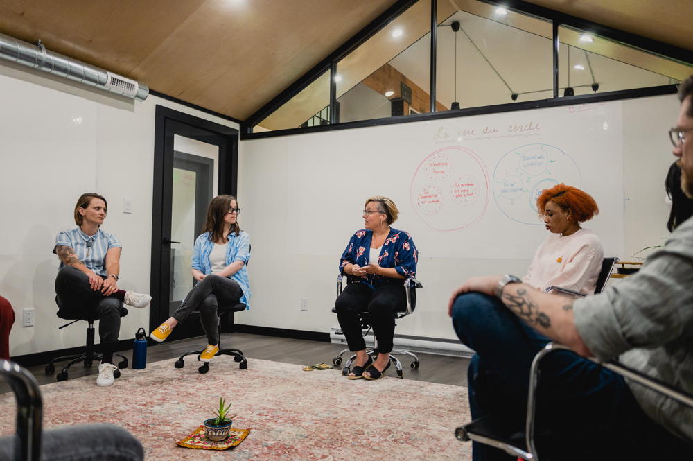 six people in a circle, whiteboard behind them, a plant on the floor in the middle