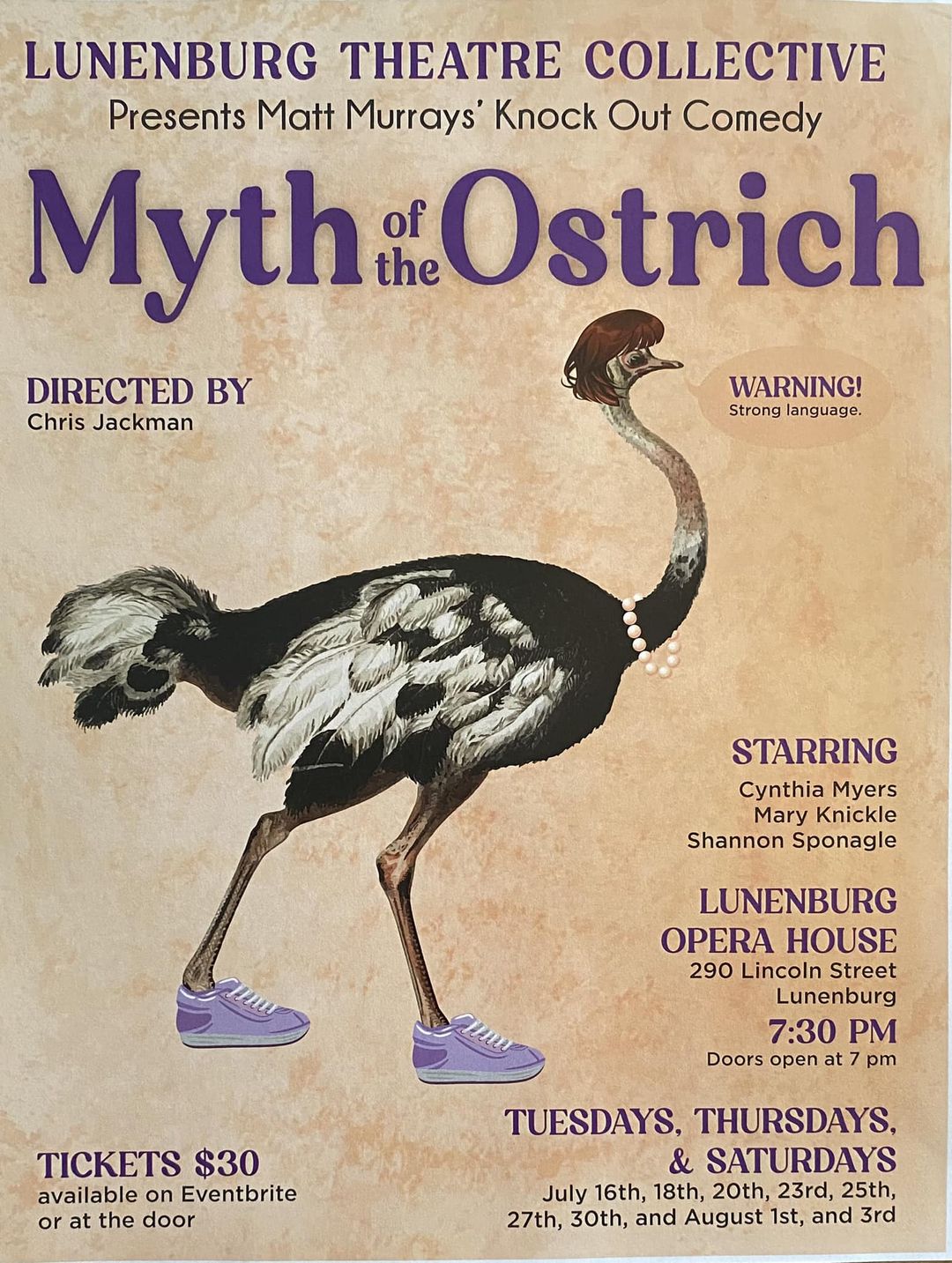 poster: an ostrich wearing running shoes, wearing a pearl necklace