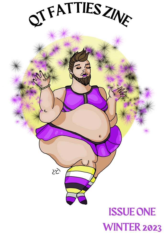 Zine cover: a fat person with a beard and colourful matching stockings, halter and tutu dress