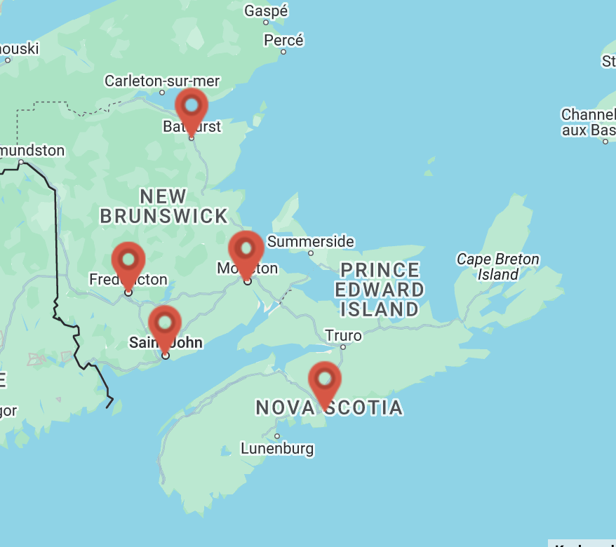 Map showing 1 Million March 4 Children events in Bathurst, Fredericton, Saint John, Moncton and Halifax