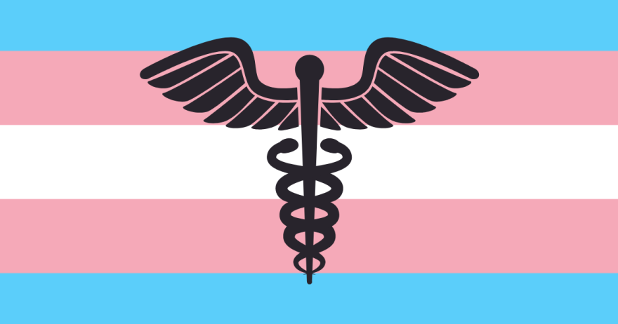 trans flag with caduceus