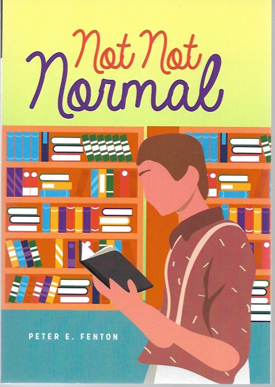 book cover: a boy in a library with a book - with no facial features