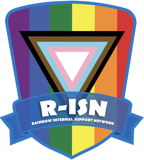 logo- rainbow flag police badge with R-ISN Rainbow Internal Support Network