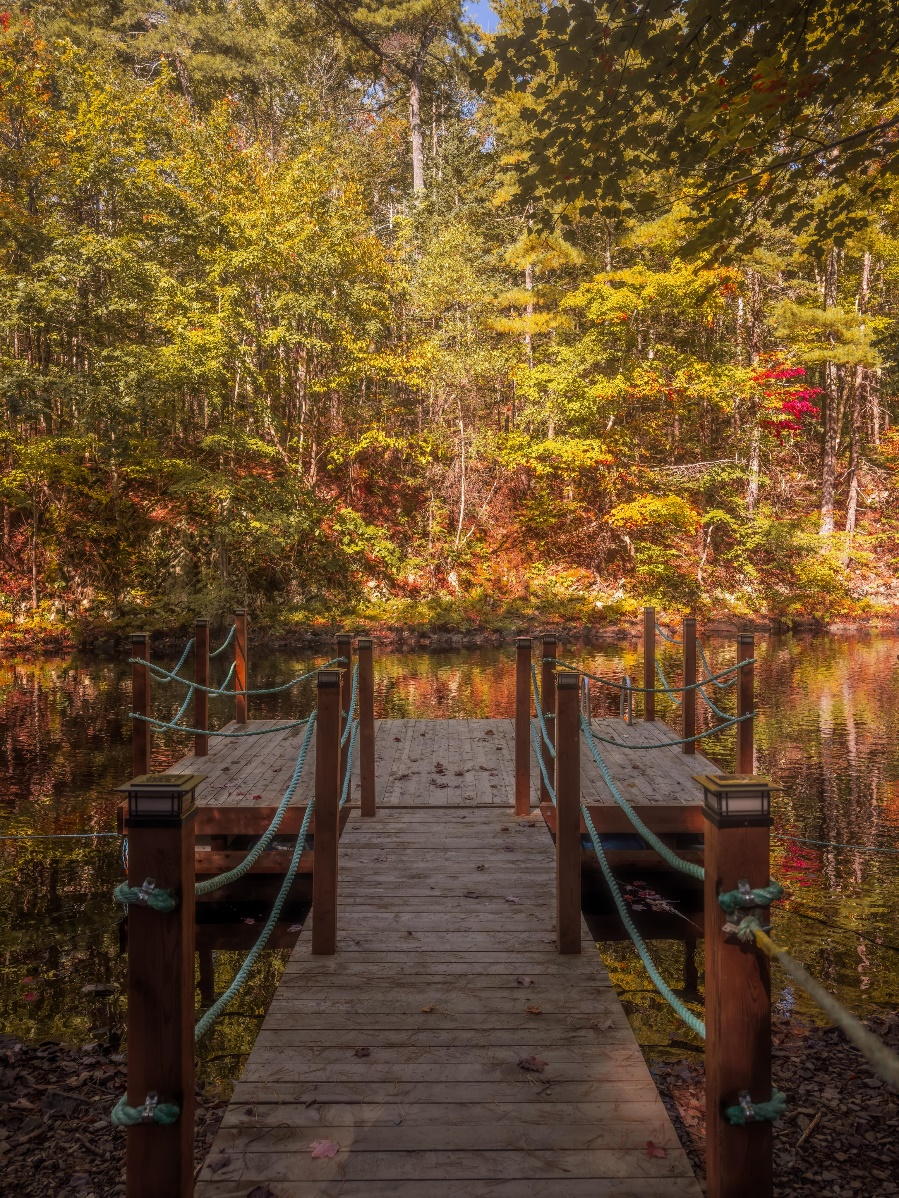 a dock in the fall with yellows and reds reflecting off a small lake