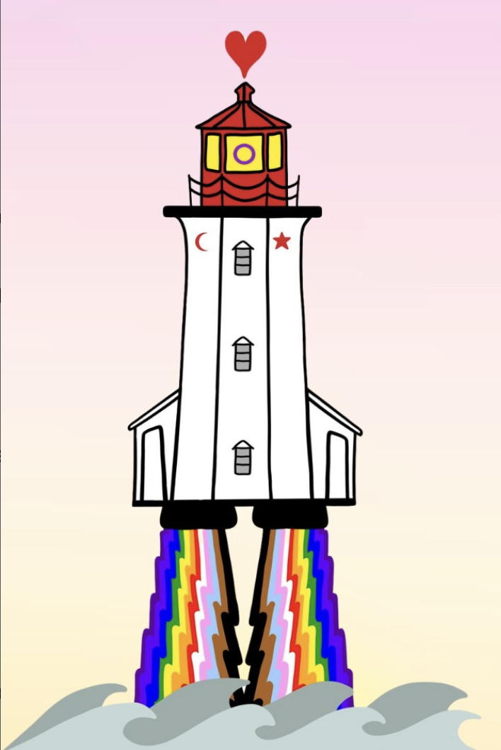 Lighthouse with Mi'kmag flag symbols, as a rocket with rainbow flames