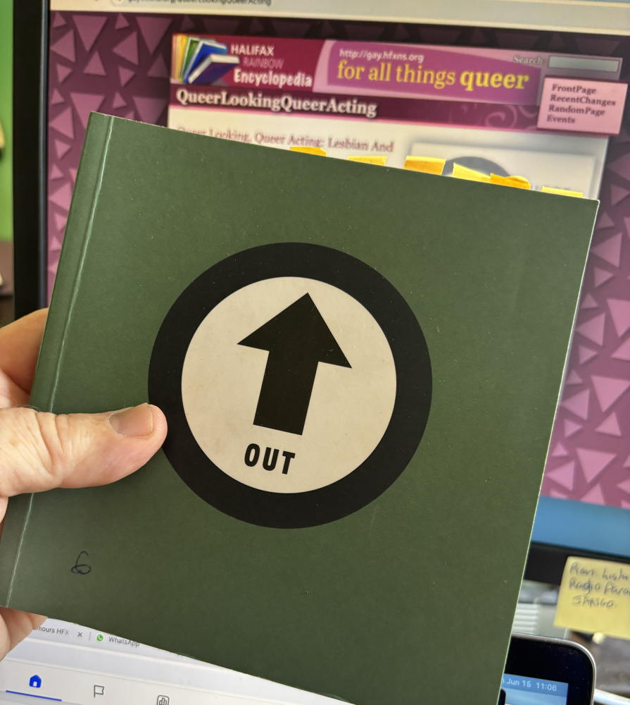 Book cover: International "This way out" symbol on a green background
