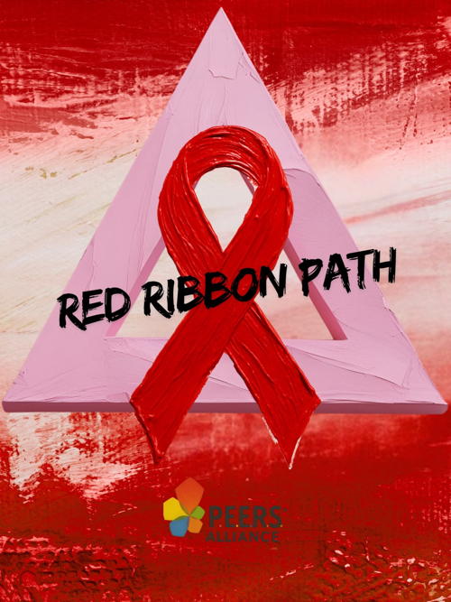 Red background, pink triangle, red aids ribbon in the foreground. logo peers alliance